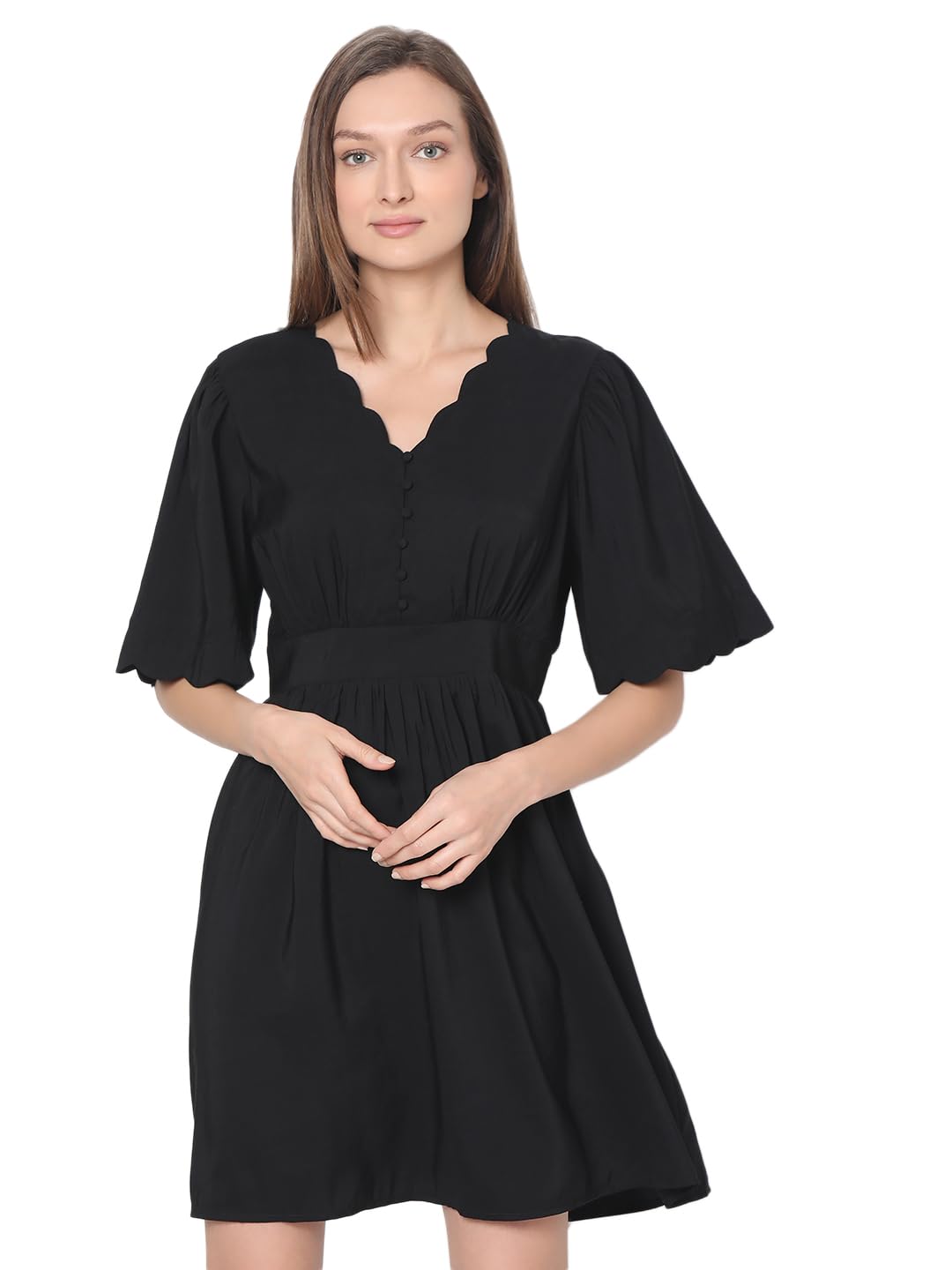 Vero Moda Women's Viscose Fit and Flare Above The Knee Dress (10305676- Black