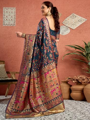 Satrani Women's Silk Kashmiri Minakari Weaving Saree with Unstitched Blouse Piece (4314S605N_Rama Blue)