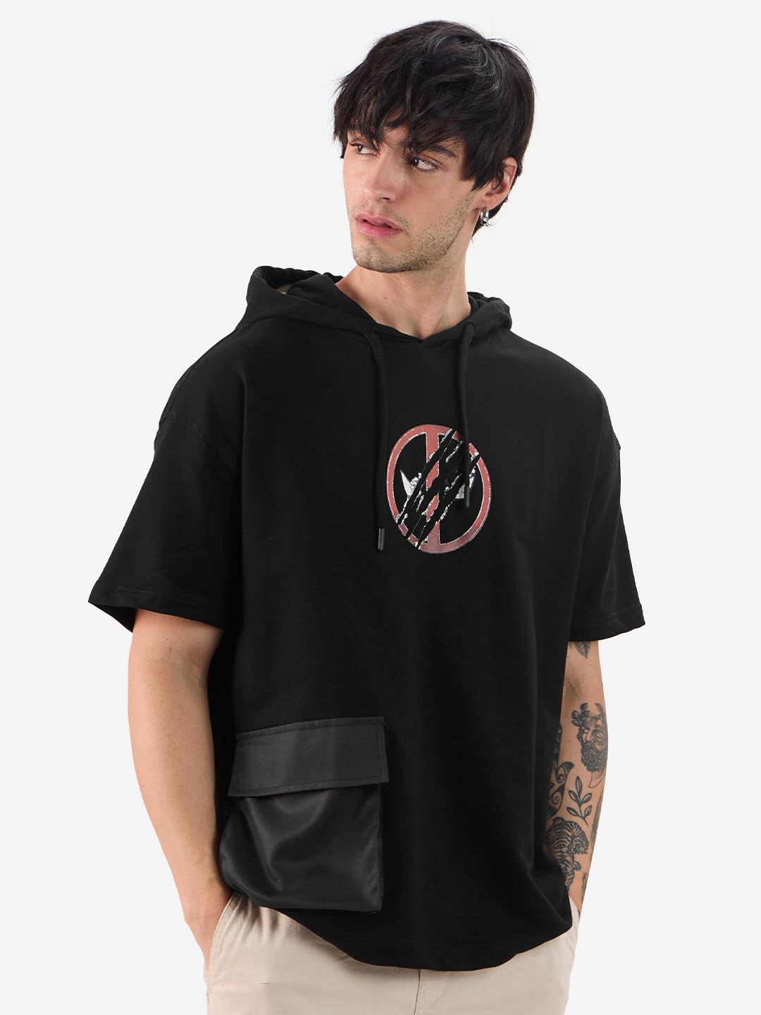 The Souled Store Official Marvel: Deadly Duo Men and Boys Short Sleeves Black Graphic Printed Cotton Oversized Fit Hooded T-Shirts