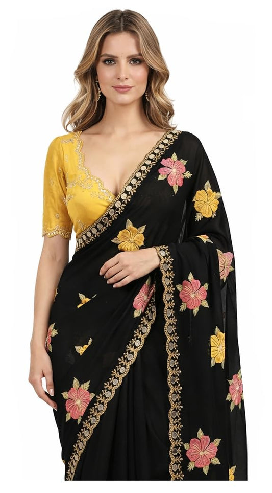 Sidhidata Women's Shining Star Georgette Embroidered Mirror Work Saree With Embroidered Unstitched Blouse Piece (Kusum Black_Black_Free Size)