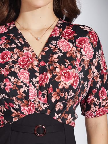 Latin Quarters Women Black Short Sleeves V-Neck Printed Dress_L