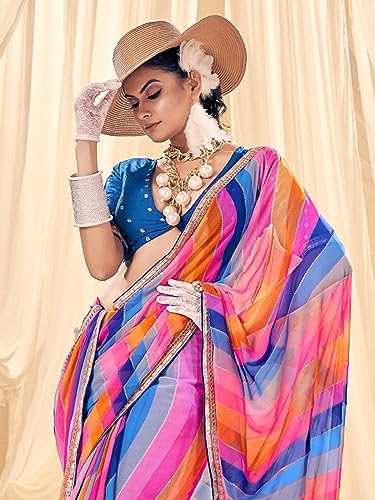 AKHILAM Women's Georgette Multicolored Embellished Designer Saree With Blouse Piece(SAWAN1004_SS)