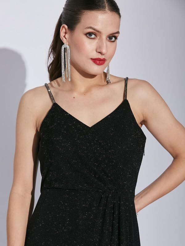 Latin Quarters Women Black V-Neck Sleeveless Solid Dress_S