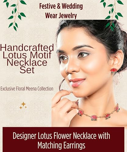 Mansiyaorange Pink & Green South Indian Temple Lotus Motif 18 K Gold-Plated Enamelled Ethnic Traditional Choker Neckalce & Earring Jewellery Set
