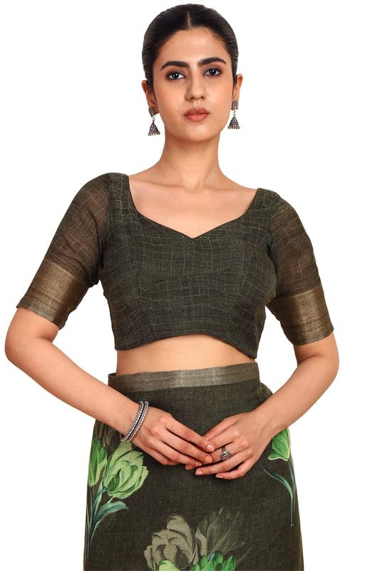 Soch Womens Green Linen Floral Print Saree