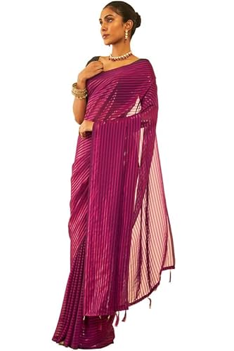 Soch Womens Wine Chiffon Striped Saree With Tassels(8907175513576)