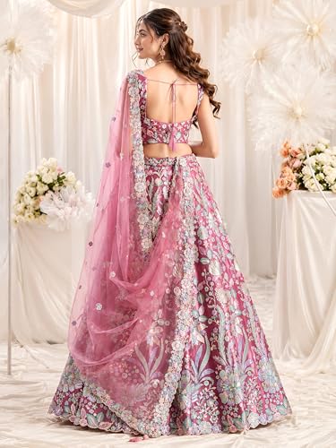 Zeel Clothing Women's Sequins Embroidered Work Soft Net Lehenga Choli With Dupatta (6020-Pink-Women-Lehenga-Choli; Free size)