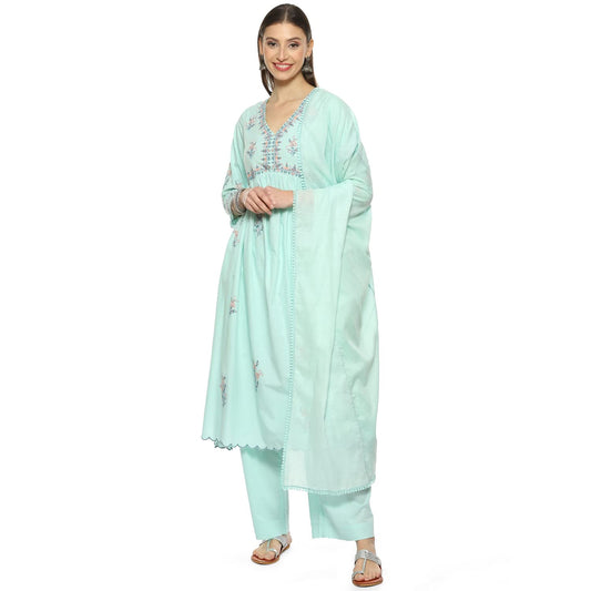 BIBA WOMEN EMBROIDERY STRAIGHT SALWAR KURTA DUPATTA(SKDPHULWARI8666_AQUA_38)