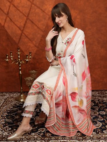 NIVANA Hand Embroidered & Chikankari Kurta with Pant & Floral Printed Dupatta | L | Cream | V-Neck | 3/4 Sleeves | Straight Fit