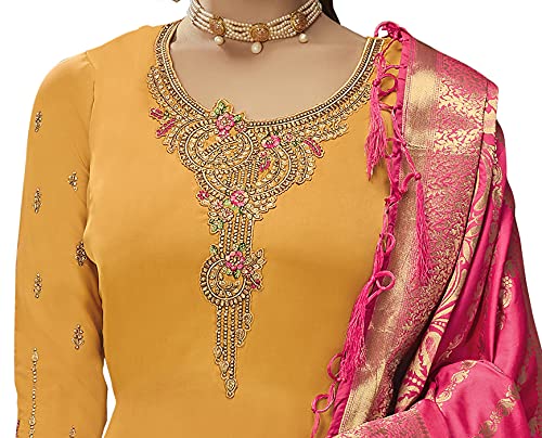 VUBA Women's Satin Embroidered Suit Semi Stitched Top with Unstitched Bottom and Pure Banarasi Dupatta Dress Material(Pakistani Salwar Suit),Yellow, Knee-Length, Casual Dress