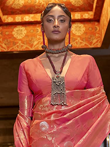 AKHILAM Women's Woven Design Silk Blend Saree With Unstitched Blouse Piece (Peach_KAIROS258006)