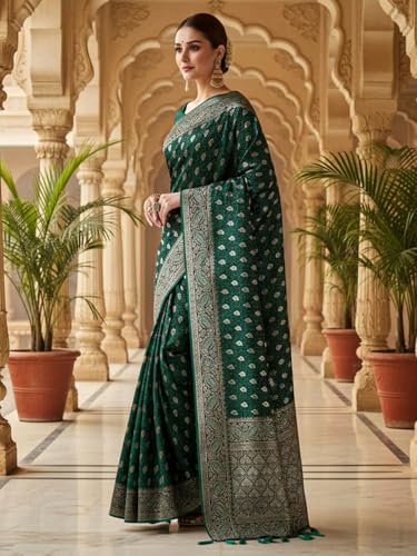 AKHILAM Women's Green Satin Silk Ethnic Motif Printed Saree With Unstitched Blouse Piece (KALASH1101_AI)