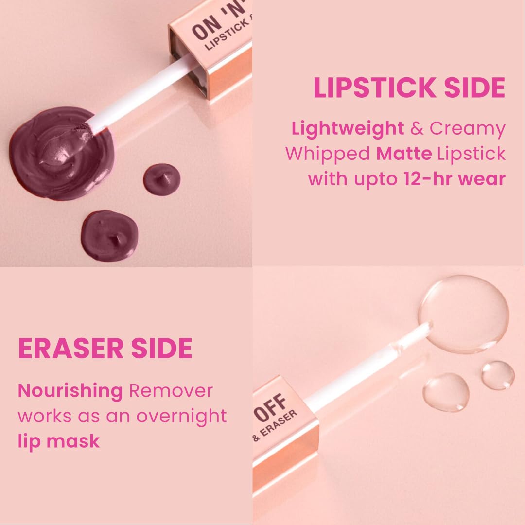Typsy Beauty ON 'n' OFF Lipstick & Eraser | 12 Hr Stay Creamy Matte Formula (Chocolate Brown) | Smudge & Transfer Proof | Nourishing Remover Oil & Leave-On Mask | Vegan | 8 shades | 2.5 ml x 2.5 ml