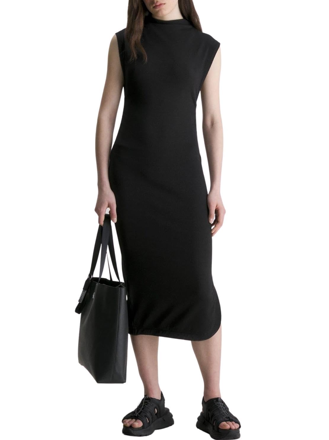 Calvin Klein Jeans Department3424 Cotton Blend Classic Knee-Length Dress (J221396BEH_Ck Black_L)