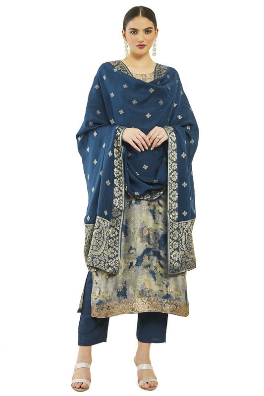 Soch Womens Navy Blue Brocade Abstract Print Suit Set with Zari Woven Dupatta