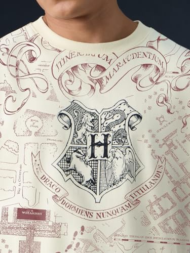 The Souled Store Official Harry Potter: Marauder's Map (Solar) Men and Boys Short Sleeves Round Neck Cream Graphic Printed Magic Map Oversized T-Shirt