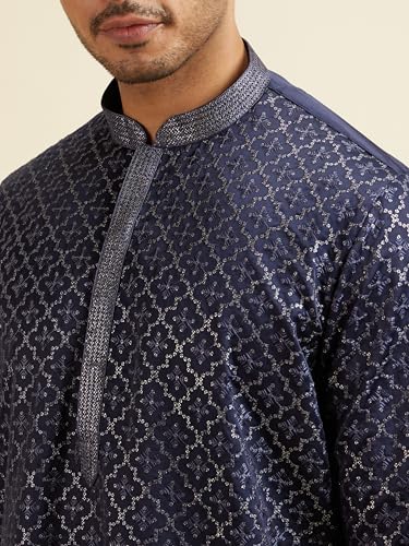 Manyavar Men's Satin Embroidered|Sequins Kurta Pyjama Set (Blue,XL)