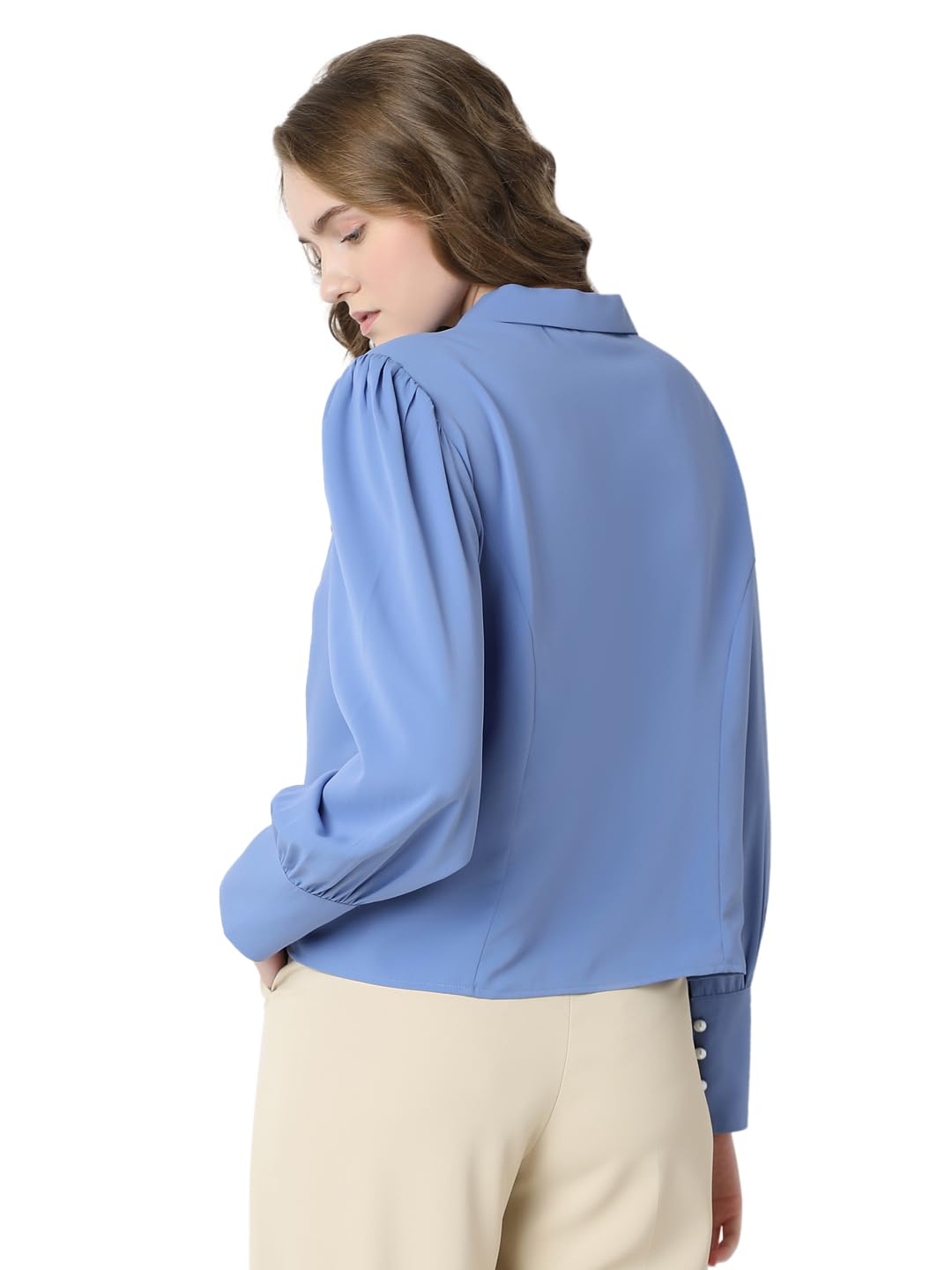 VERO MODA Women Solid Blue Polyester Regular Fit Shirt