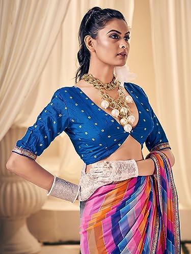 AKHILAM Women's Georgette Multicolored Embellished Designer Saree With Blouse Piece(SAWAN1004_SS)