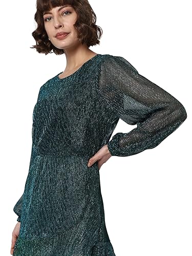 VERO MODA Women Textured Polyester Knee Length Green A-Line Dress