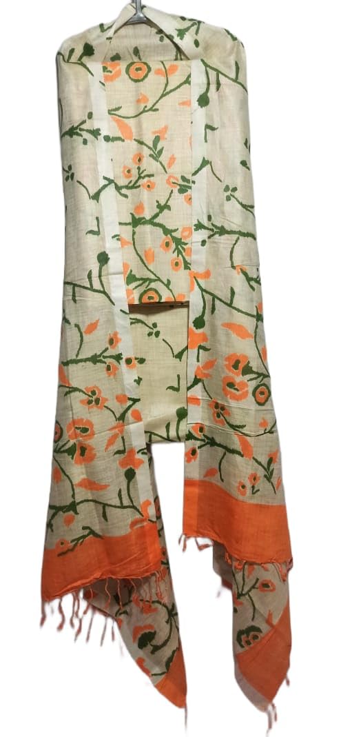 ZERATEX Women's Cotton Silk Handcrafted Screen Print Unstitched Salwar Suit Dress Material With Duputta (Orange)