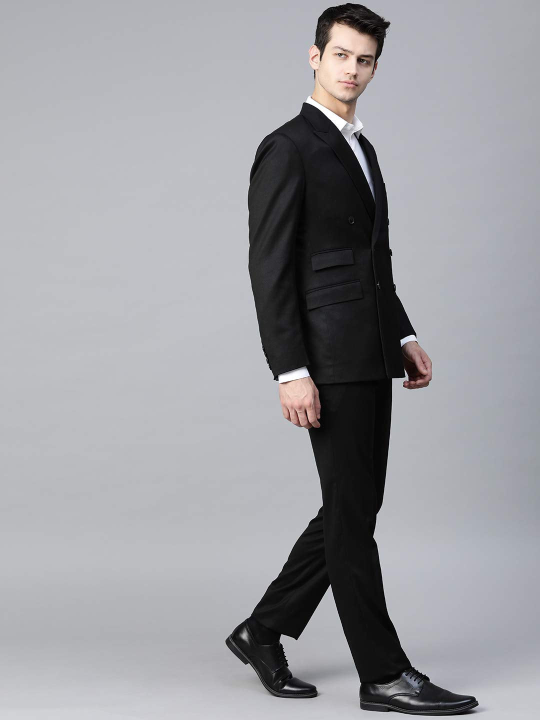 MANQ Men Black Solid Slim Fit Double Breasted Suit (Size: 36)