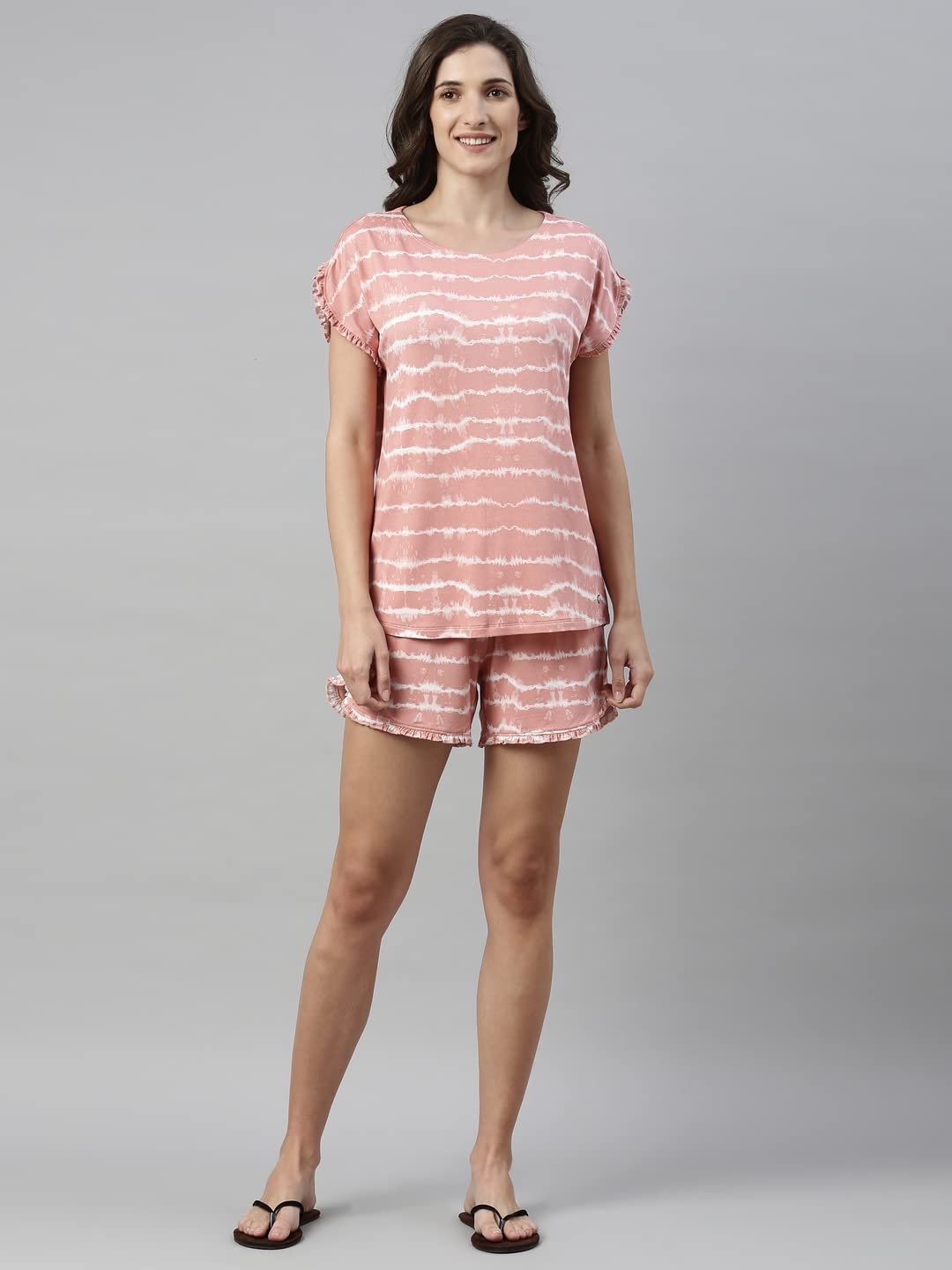 Enamor Essentials Women's Relaxed Fit Modal Fabric Short Sleeve Printed Shirt and Mid-Rise Mid-Thigh Length Slounge Shorts Set - EC14(EC14-Rouge Tie Dye Aop-XXL)