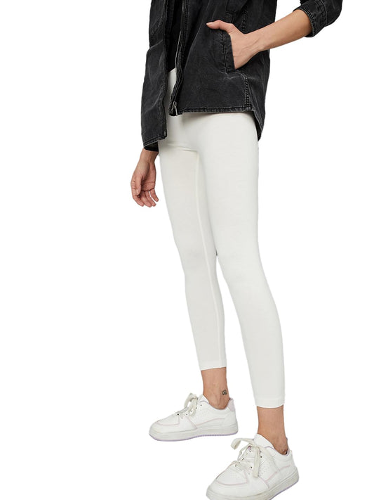 Max Women Solid Calf Length Leggings, Off White, XL