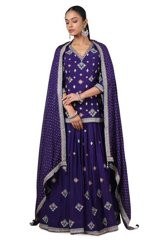 Soch Womens Purple Chinon Embroidered Ghagra Choli With Sequins