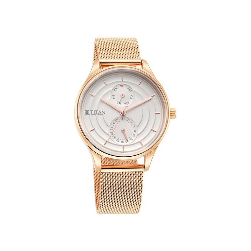 Titan Workwear Neo Workdays Quartz Multifunction Silver Dial Rose Gold Stainless Steel Strap Watch for Women - NT2670WM07
