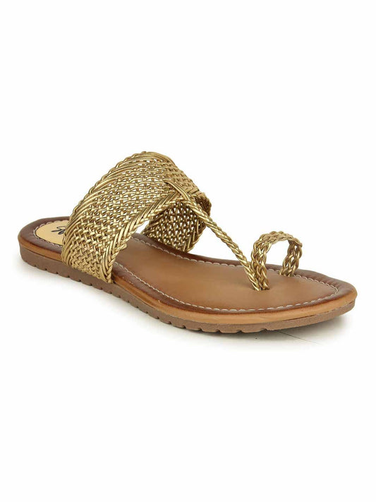 GLEMATOZ Women’s Kolhapuri Flats – Handwoven Golden Bunai Sandals with Toe Loop | Ethnic Slip-On Chappals for Casual & Festive EU38