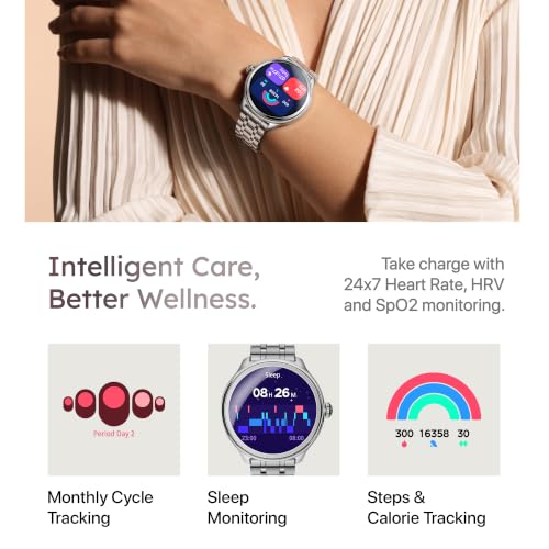 Pebble Opal Newly Launched Smart Watch for Women | Super AMOLED, Classic Design, Glossy Metallic Finish, Stainless Steel Strap, 100+ Watch Faces, Cycle & Sleep Tracking | Sterling Silver
