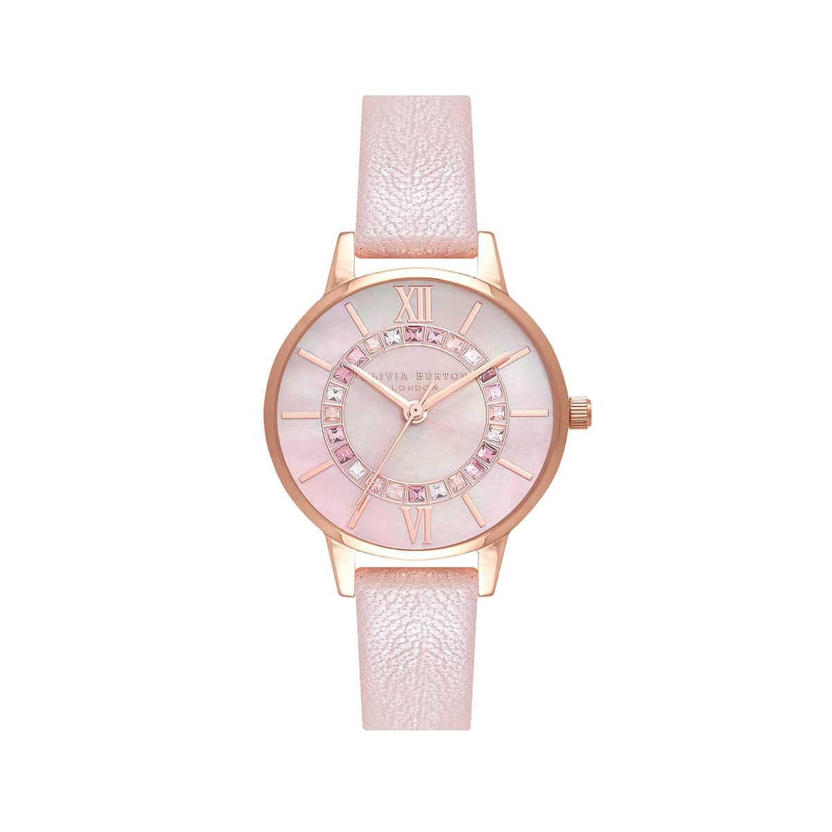 Olivia Burton Wonderland Qtz Basic Blush Mother of Pearl & Stone Round Dial Women's Analog Watch|Pearl Pink Leather Material|Pink Color Band - OB16WD93