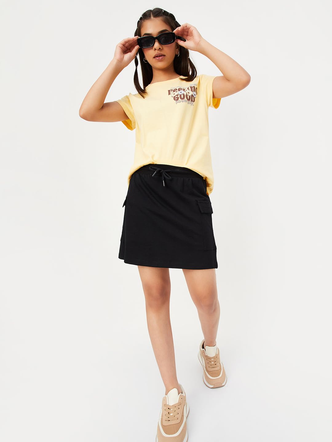 Max Girls Solid Mini Skirt with Cargo Pockets (Black_15-16Y)