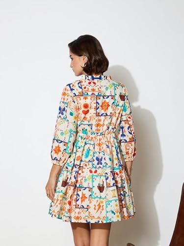 barcino Motif Printed Shawl Collar Tiered Dress Multicolor