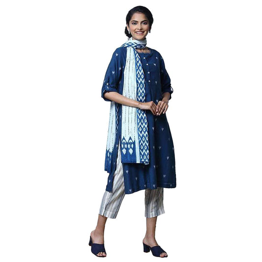 BIBA Women's Cotton Printed Narrow Salwar Kurta Dupatta (Skdassorted7367E_Navy Blue_36)
