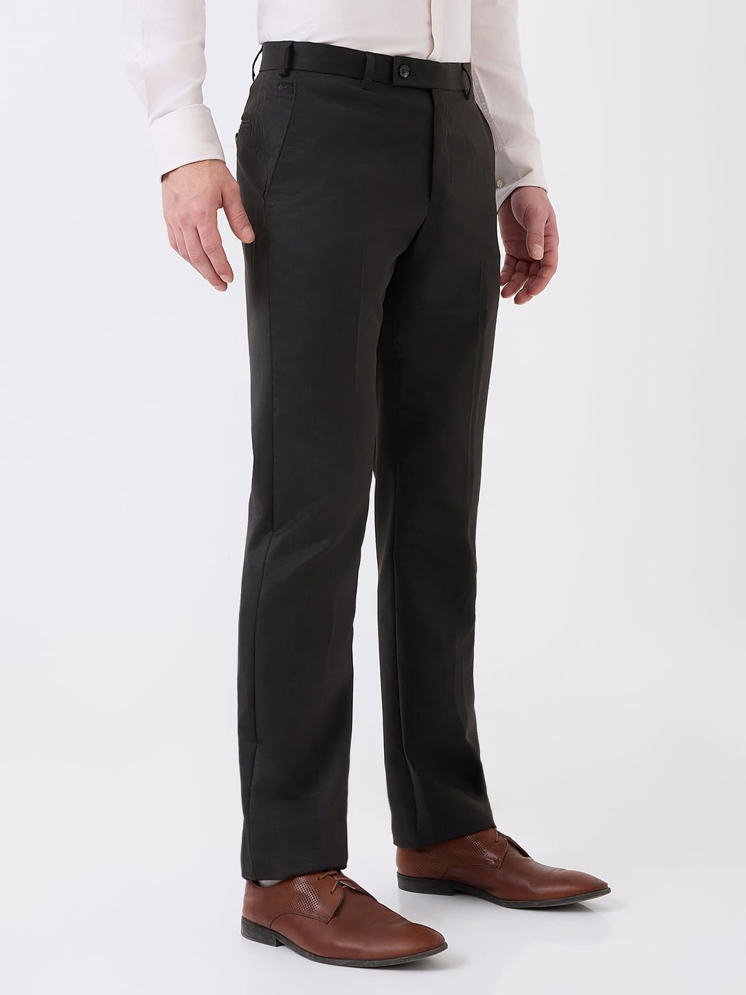Park Avenue Men Regular Fit Solid Pattern Polyester Blend Flat Front Formal Trouser Brown