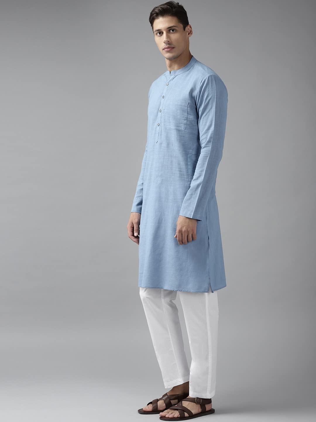 See Designs Mens - Specially Crafted And Designed for the Eid Festival Men Blue Cotton Printed Straight Slub Effect Kurta Set With Pyjama - Sdkt102101L (Large) - SDKT102101L
