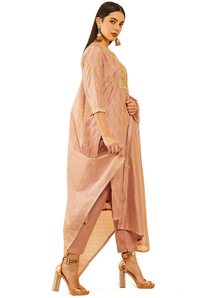 Soch Womens Onion Pink Chanderi Sequinned Embellished Printed Suit Set
