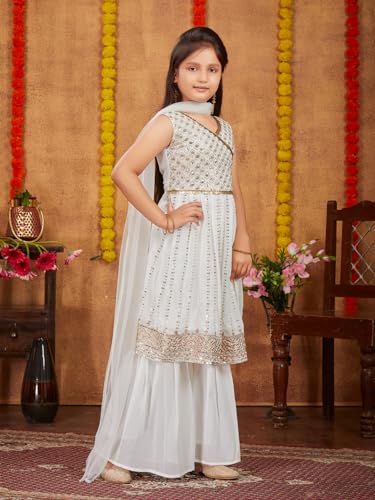 Aarika Girls Ethnic Wear Off White Colour Sequins Zari Embroidery Georgette Kurti Sharara Set (6-16 Years)
