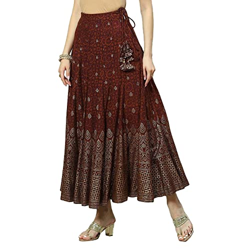 BIBA Women Printed Flared Mix and Match Knee Length Skirt(Skirts/T18800_Brown_XL)