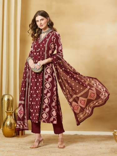 Divena Maroon Cotton V-Neck A-Line kurta Pant set With Dupatta