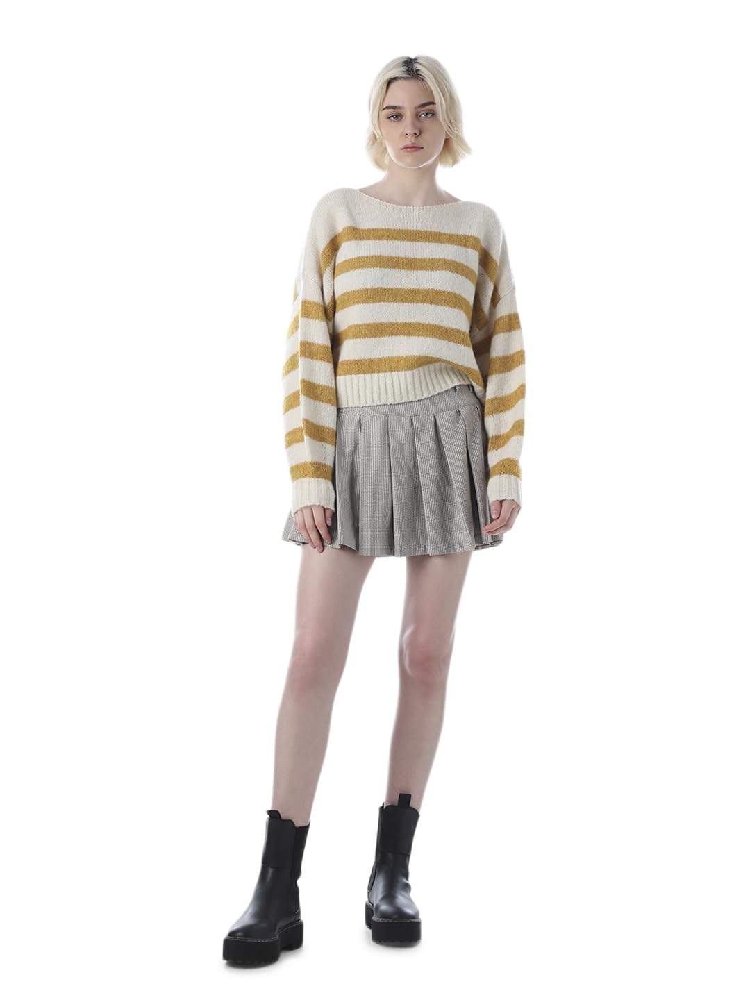 ONLY Women Striped Boat Neck Pullover with Fuzzy Detail