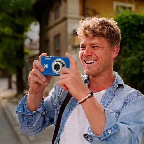 Kodak PIXPRO FZ55 Digital Camera, 16MP Compact Point & Shoot, 5X Optical Zoom, 28mm Wide Angle Lens, 1080P HD Video, Blue + 64GB SD Card, Case, Selfie Stick, Mini Tripod & USB Card Reader