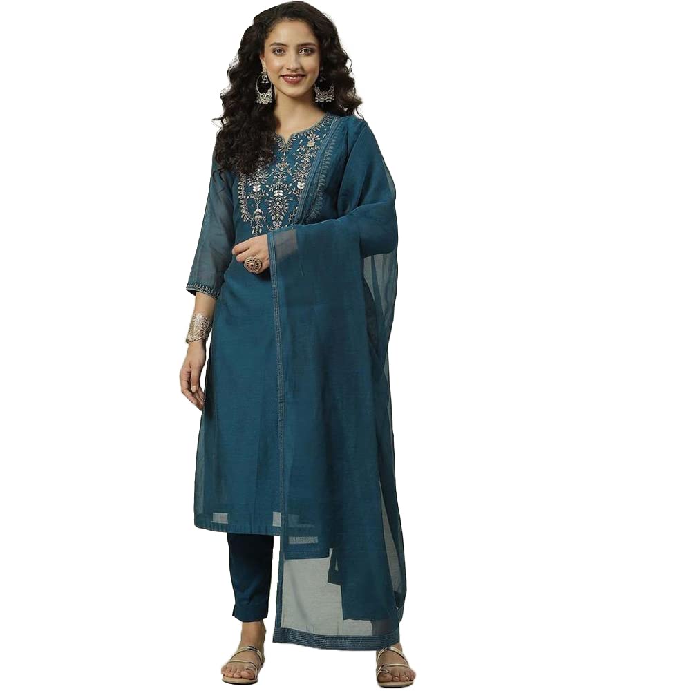 BIBA Polyester Women Solid; Embroidred Narrow Salwar Kurta Dupatta(Skdassorted7678_Blue_32)