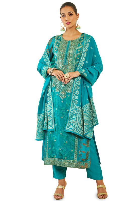 Soch Womens Turquoise Blue Brocade Blend Suit Set with Floral Print and Hand Embroidery