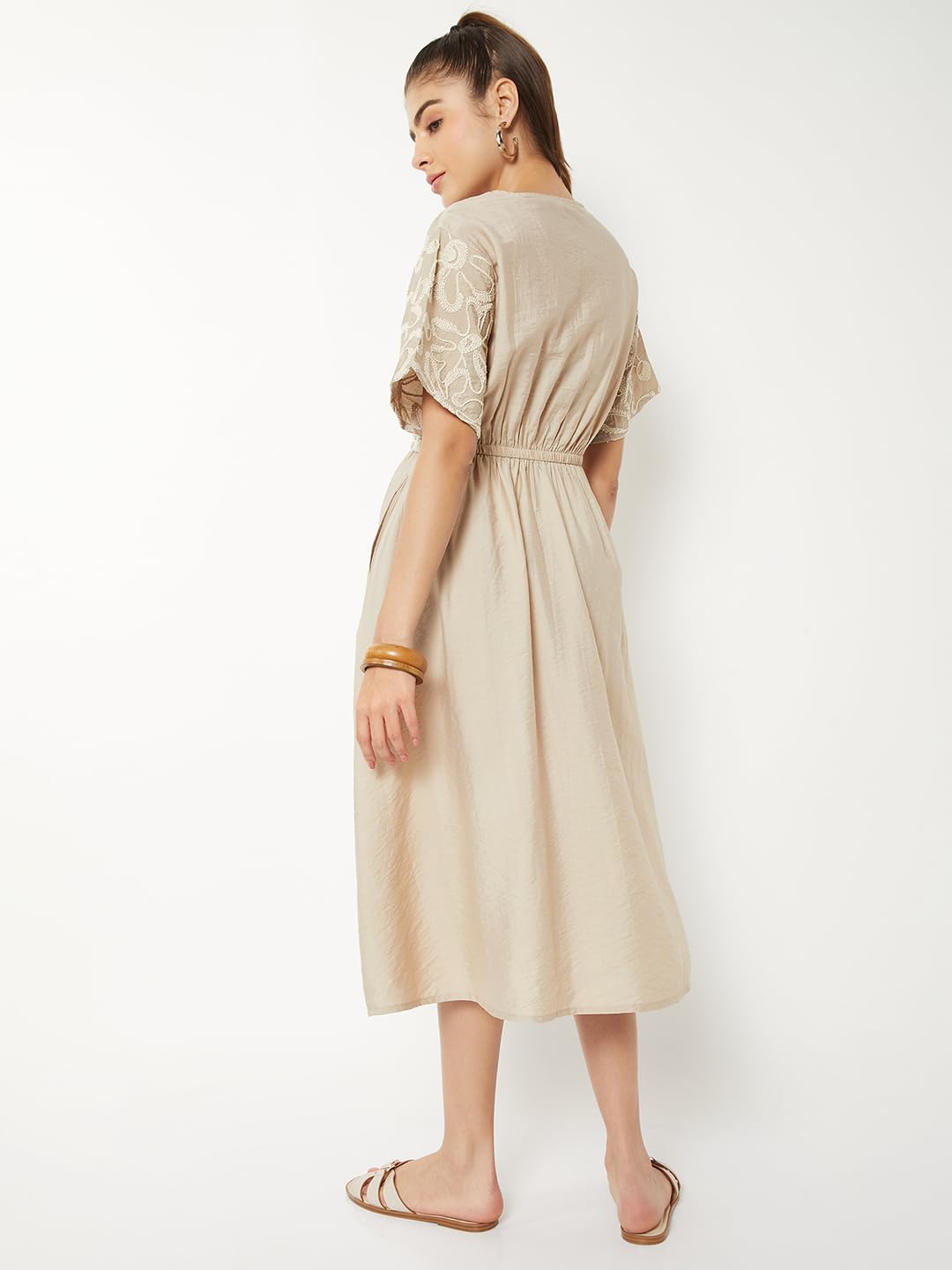 Max Women Embroidered A-line Dress (Beige_XL)
