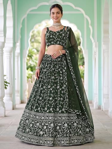 Zeel Clothing Women's Zari and Sequins Embroidered Georgette Lehenga Choli With Dupatta (5058-Green-Women-Latest-Lehenga-Choli, Free size)