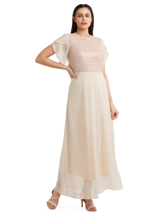 Zink London Women's Beige Embellished Flared Sleeve Maxi Dress