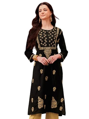 Ada Hand Embroidered Lucknowi Chikankari Cotton Kurti Kurta for Women A411773 Black & Fawn (4XL)